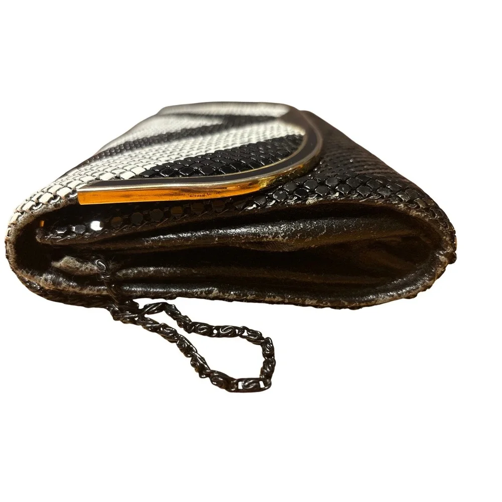 Vintage Black White Chevron Metal Mesh‎ Evening Clutch Shoulder Bag Gold Trim